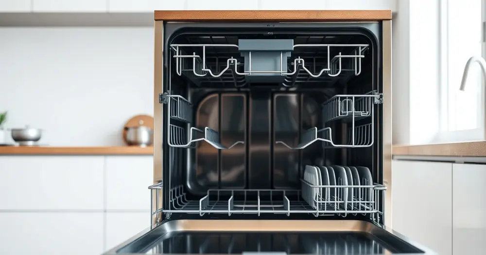 Lava-louças de aço inoxidável aberta em cozinha moderna com cestos vazios