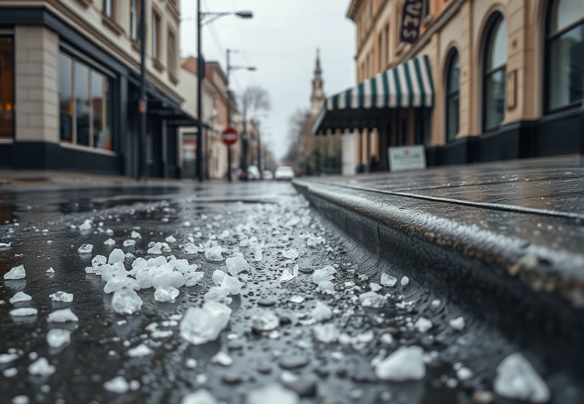 Pedras de granizo na rua molhada depois do temporal